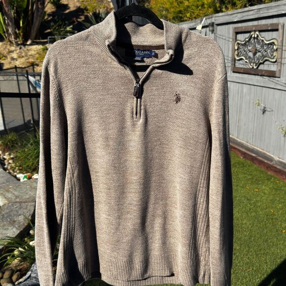 U.S. Polo Assn. Quarter Zip Sweater Taupe Beige L - Picture 1 of 8